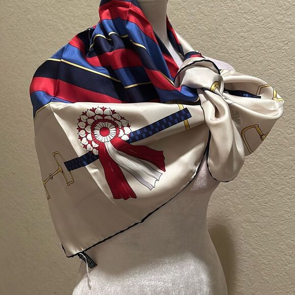 Celine Square Scarf 34x34 Equestrian Derby Print Cream Blue Red 100% Silk Rolled - Picture 1 of 11